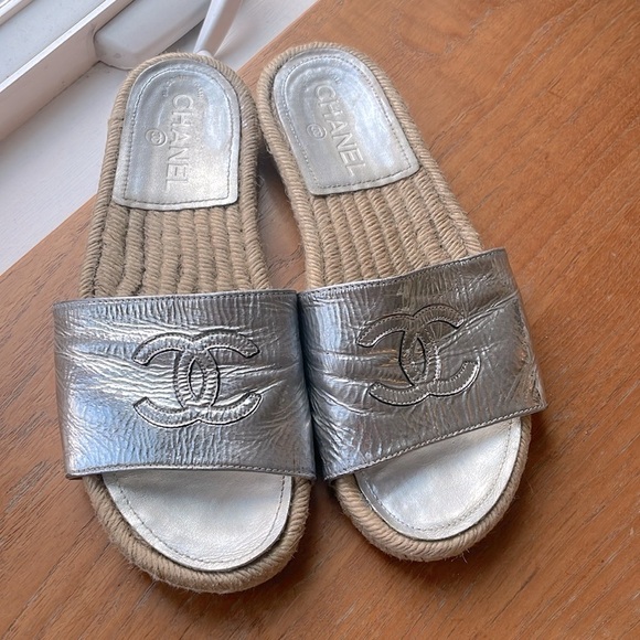 CHANEL slides sandals metallic silver espadrilles size 37 6 6.5 7 - Picture 2 of 11